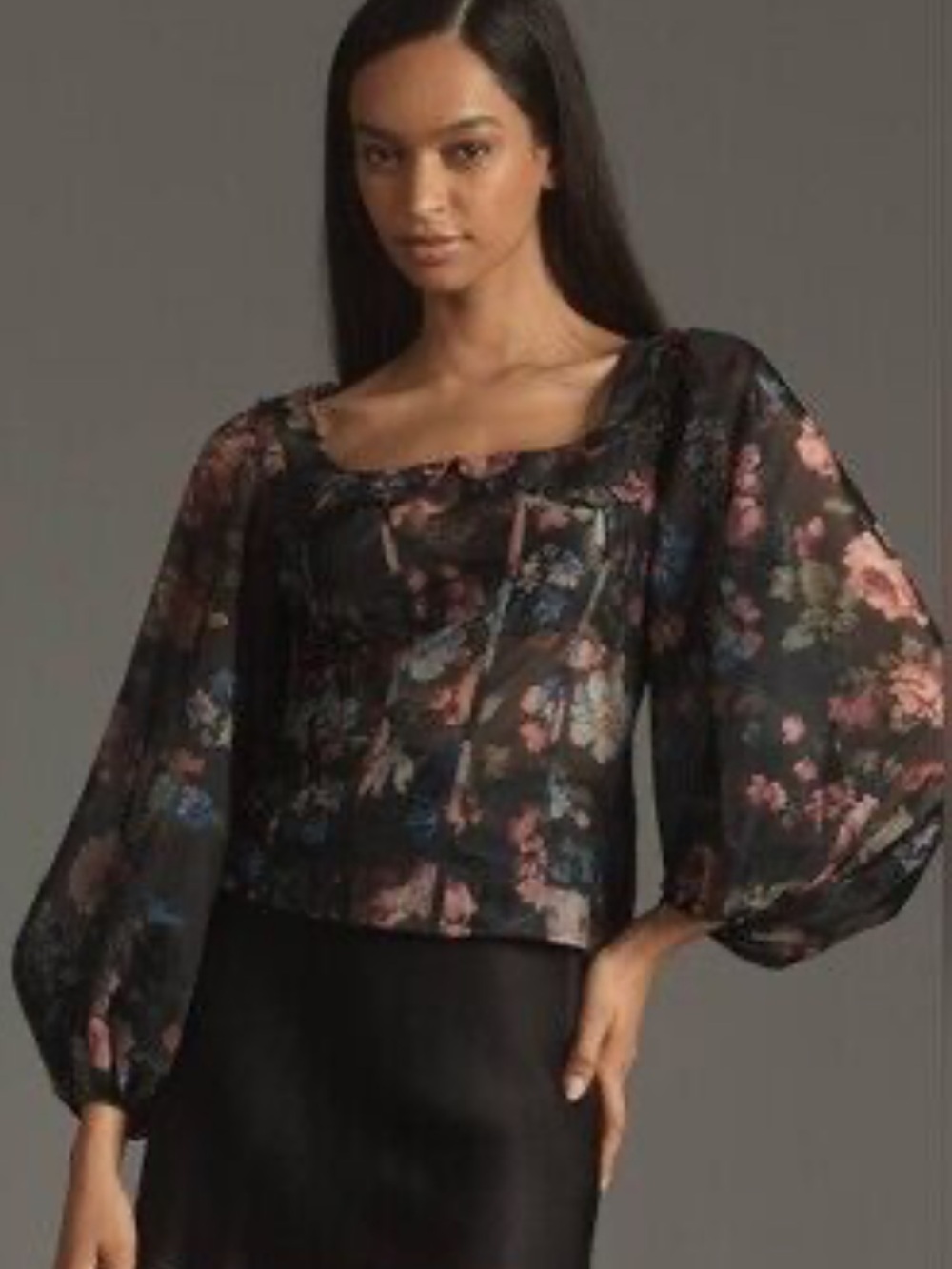 Anthropologie Sheer Floral Corset Balloon Sleeve Blouse in Soft Organza Size XS